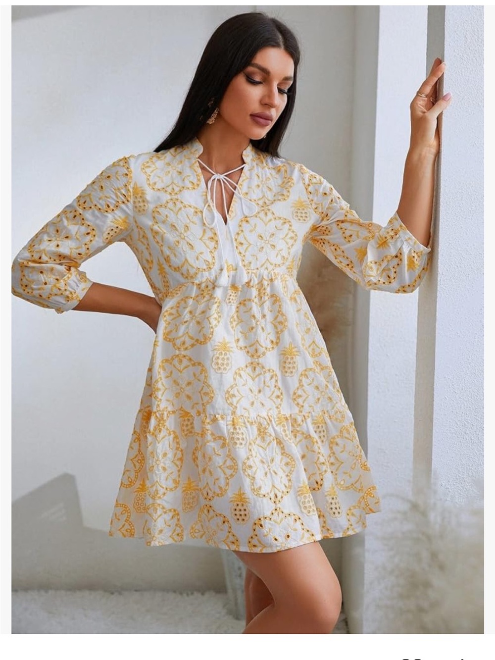 SHEIN White Mini Dress with Yellow Embroidered Floral Motif Large